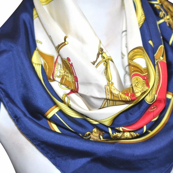 Authentic HERMES Carre 90 Scarf "SPRINGS" Silk Blue Navy - Picture 2 of 12